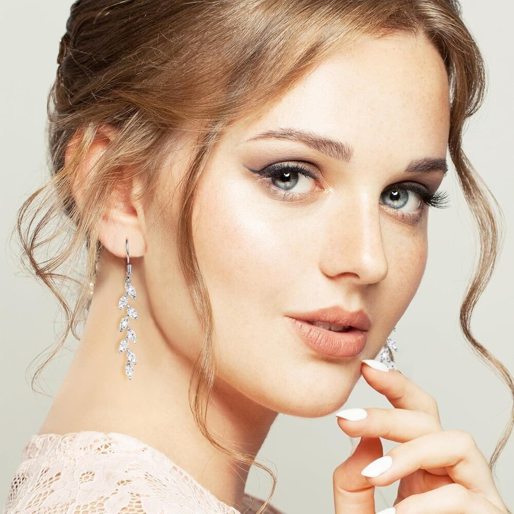 Handmade Silver Leaf Earrings Crystal Wedding Dangle Earrings for Brides Bridesm - Picture 2 of 8